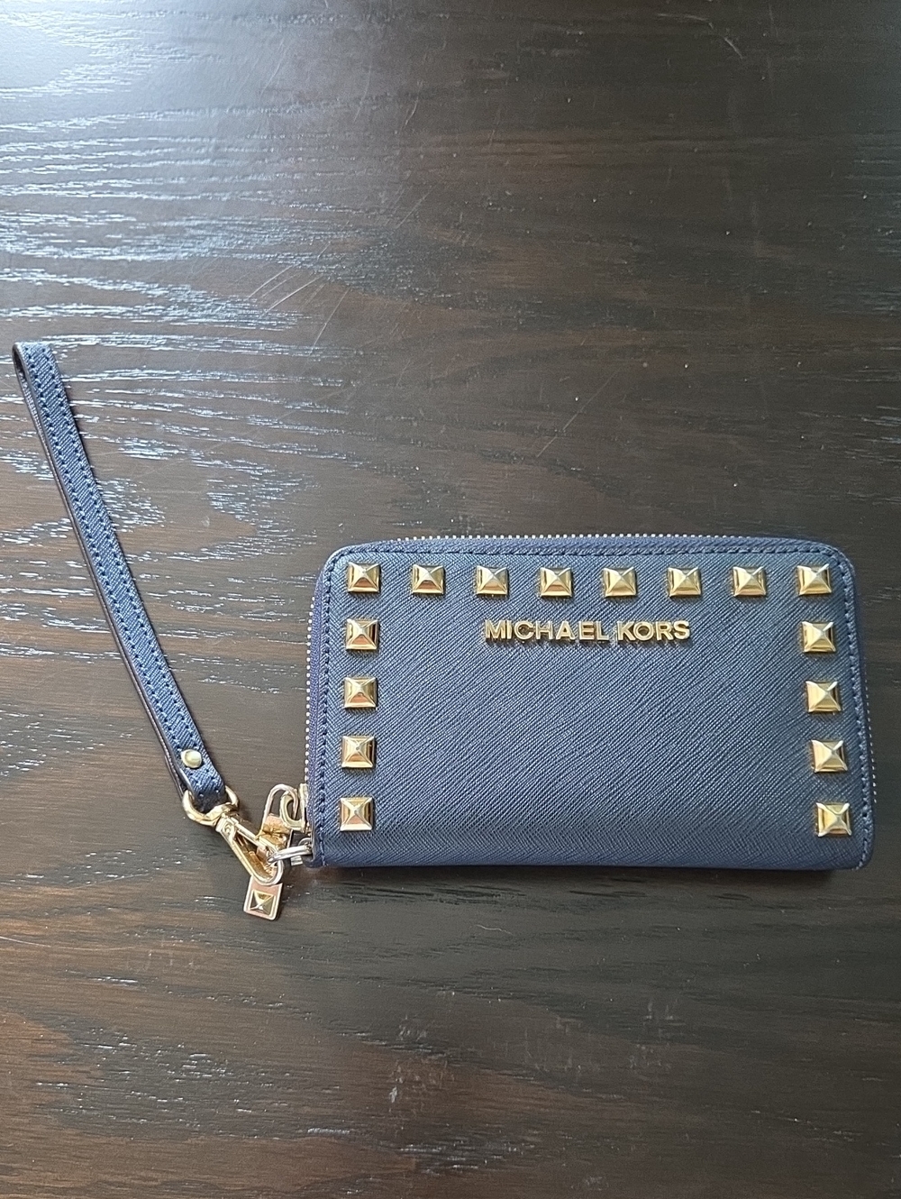 MICHAEL KORS Navy Saffiano Leather Studded Wristlet Wallet
